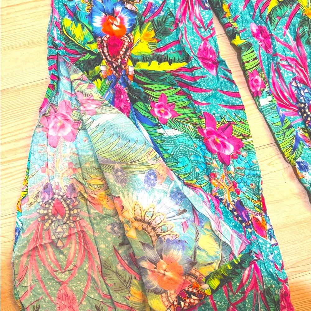 Luli Fama Turquoise Tropical Print Wide Leg Pants with Pink & Green Accents - Picture 5 of 7